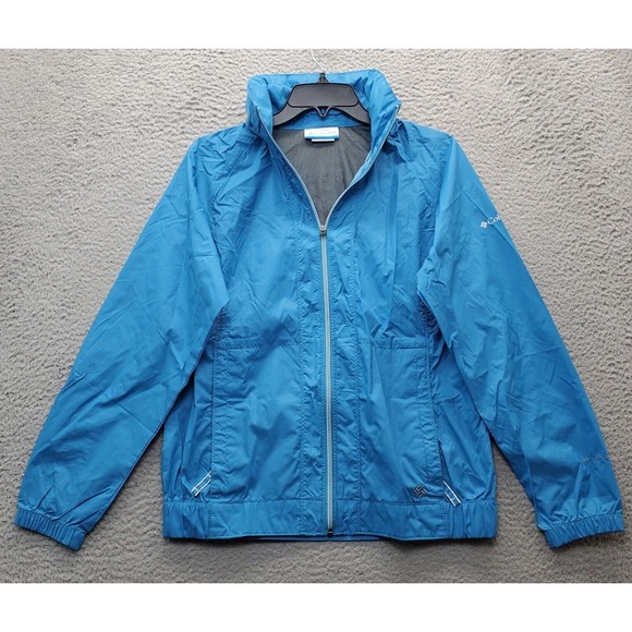 Columbia Rain Jacket Womens Medium Blue Packable Thermal‎ Lined Hood Elastic Hem - Picture 1 of 12